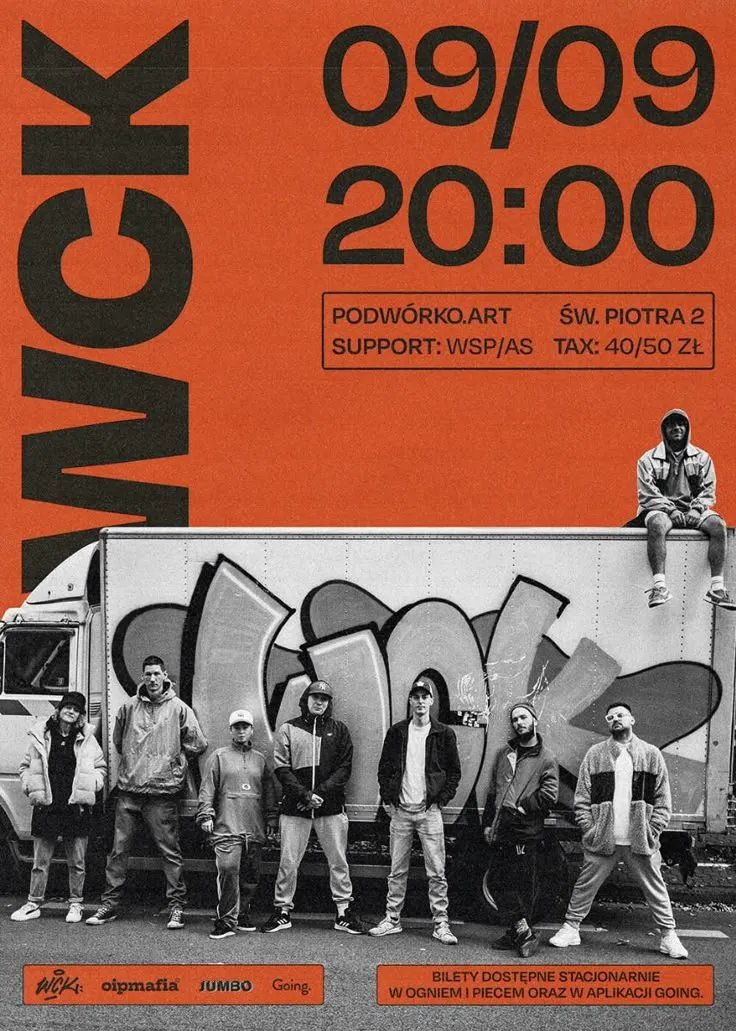 A bold orange and black concert poster displayed against a dark background